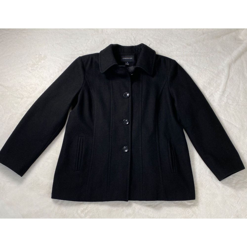 London Fog Women's Wool Blend Pea Coat Size XL Black Lined Single Button Front